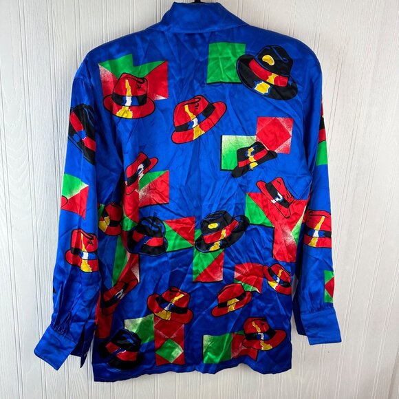 Escada Vintage‎ Silk Blouse Fedora Print Blue - Picture 4 of 4